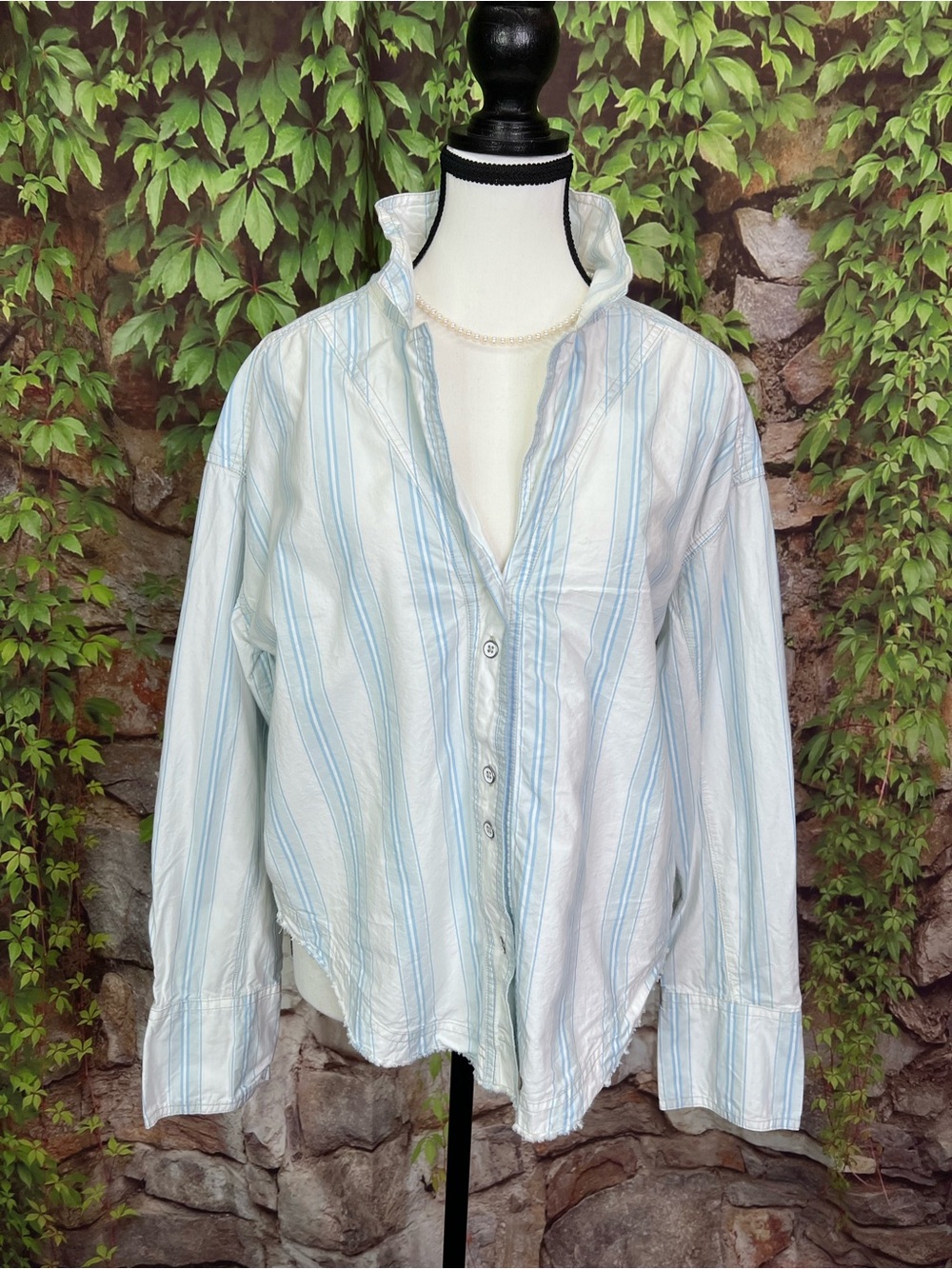 WE THE FREE Blue and White Striped Trapeze Kelia Button Front Top, S